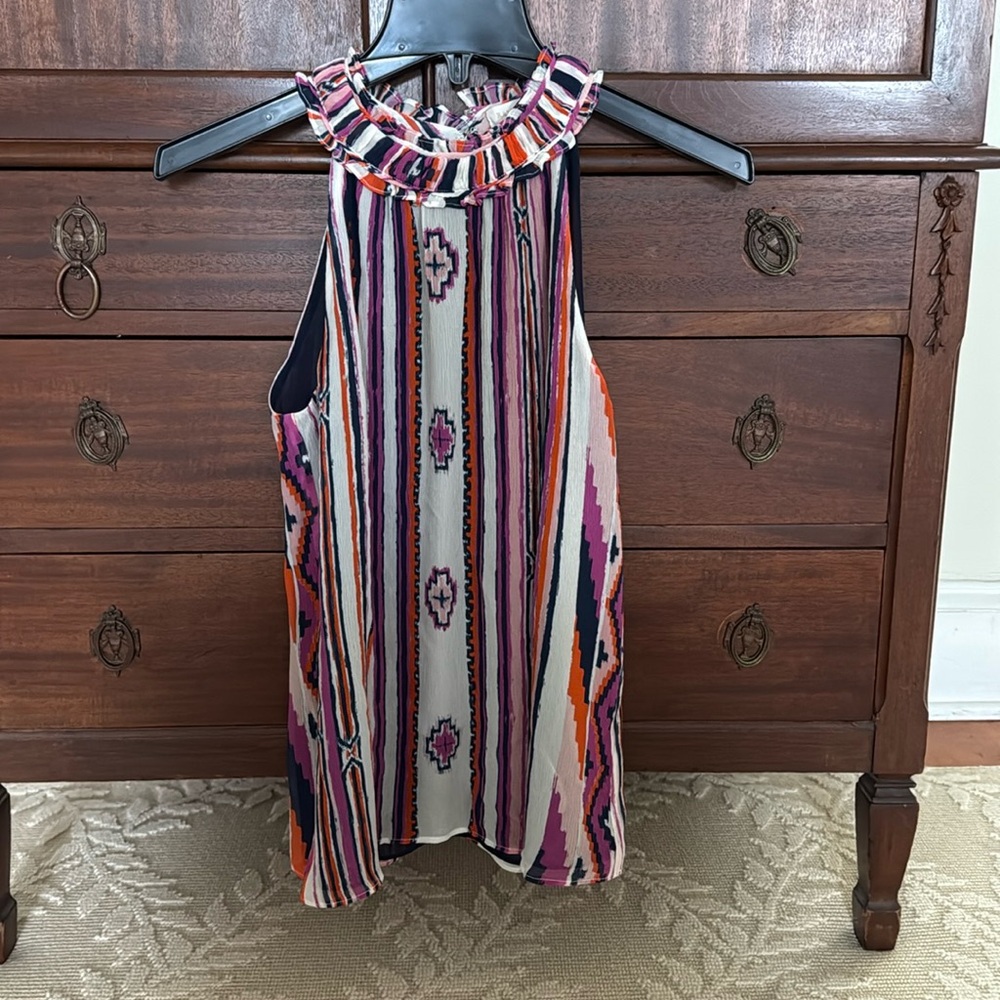 Ramy Brook flowy halter top. Purple, orange,navy and white